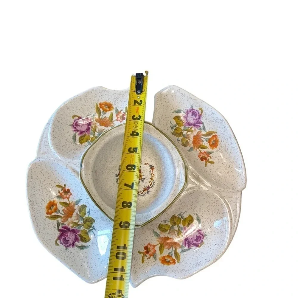 Vintage California pottery needlepoint Floral Lazy Susan appetizer serving dish